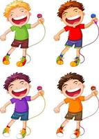 Happy boy singing with microphone vector