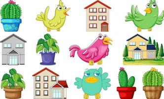 diferentes diseños de casas y lindos pájaros vector