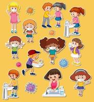 Sticker set of covid19 and cartoon character vector