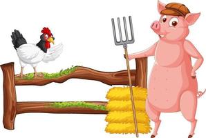 Farmer pig holding rake with chicken cartoon vector