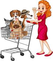 Domestic dogs in shopping cart and a woman vector