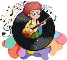 A boy playing guitar and music melody symbols vector