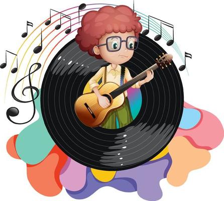 A boy playing guitar and music melody symbols