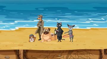 Set of different domestic animals on the beach scene vector