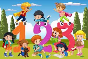 A children are playing and reading books in scene with Number vector