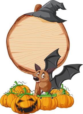 Blank round wooden signboard with bat in halloween theme