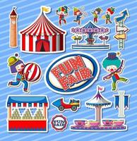 Sticker set of amusement park objects and cartoon characters vector