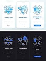 el trastorno de conducta causa el modo día y noche al incorporar la pantalla de la aplicación móvil. tutorial 3 pasos páginas de instrucciones gráficas con conceptos lineales. interfaz de usuario, ux, plantilla de interfaz gráfica de usuario. vector