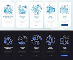 Conduct disorder risk night, day mode onboarding mobile app screen. Walkthrough 5 steps graphic instructions pages with linear concepts. UI, UX, GUI template. vector