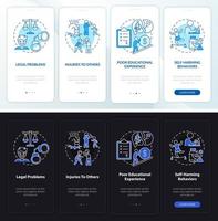 Effects of conduct disorder night, day mode onboarding mobile app screen. Walkthrough 4 steps graphic instructions pages with linear concepts. UI, UX, GUI template. vector