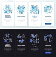 Conduct disorder treatment night, day mode onboarding mobile app screen. Walkthrough 4 steps graphic instructions pages with linear concepts. UI, UX, GUI template. vector