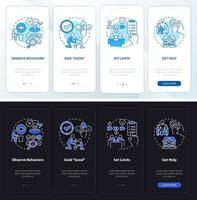 Conduct disorder tips night, day mode onboarding mobile app screen. Walkthrough 4 steps graphic instructions pages with linear concepts. UI, UX, GUI template. vector
