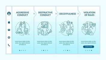 Conduct disorder groups of behavior turquoise gradient onboarding template. Responsive mobile website with linear concept icons. Web page walkthrough 4 step screens. vector