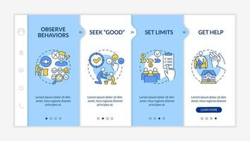 Conduct disorder tips for teacher blue and white onboarding template. Responsive mobile website with linear concept icons. Web page walkthrough 4 step screens. vector