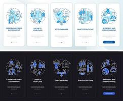 Consejos sobre trastornos de la conducta Pantalla de la aplicación móvil incorporada en el modo día y noche. tutorial 5 pasos páginas de instrucciones gráficas con conceptos lineales. interfaz de usuario, ux, plantilla de interfaz gráfica de usuario. vector