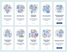 conjunto de pantalla de aplicación móvil de incorporación de aprendizaje permanente. contexto y teorías. tutorial 5 pasos páginas de instrucciones gráficas con conceptos lineales. interfaz de usuario, ux, plantilla de interfaz gráfica de usuario. vector