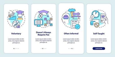 Lifelong learning characteristics onboarding mobile app screen. Walkthrough 4 steps graphic instructions pages with linear concepts. UI, UX, GUI template. vector