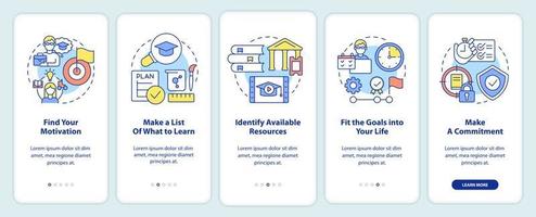 Adopting lifelong learning onboarding mobile app screen. Walkthrough 5 steps graphic instructions pages with linear concepts. UI, UX, GUI template. vector