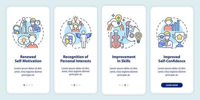 Lifelong learning benefits onboarding mobile app screen. Walkthrough 4 steps graphic instructions pages with linear concepts. UI, UX, GUI template. vector