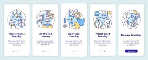 teorías y formas de educación de adultos que incorporan la pantalla de la aplicación móvil. tutorial 5 pasos páginas de instrucciones gráficas con conceptos lineales. interfaz de usuario, ux, plantilla de interfaz gráfica de usuario. vector