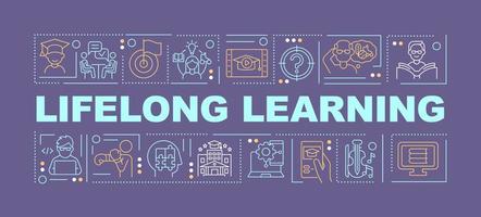 Lifelong learning word concepts dark purple banner. Ongoing education. Infographics with icons on color background. Isolated typography. Vector illustration with text.