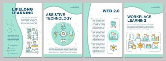 Lifelong learning technologies mint brochure template. Leaflet design with linear icons. 4 vector layouts for presentation, annual reports.