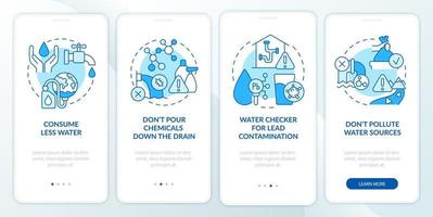 Water pollution solutions onboarding mobile app screen. Prevention steps walkthrough 4 steps graphic instructions pages with linear concepts. UI, UX, GUI template. vector