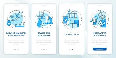 Water pollution types blue onboarding mobile app screen. Wastewater walkthrough 4 steps graphic instructions pages with linear concepts. UI, UX, GUI template. vector