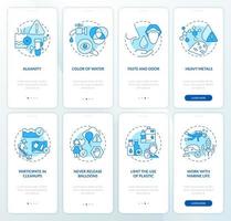 mejorar la calidad del agua conjunto de pantalla de aplicación móvil de incorporación azul. tutorial de medición páginas de instrucciones gráficas de 4 pasos con conceptos lineales. interfaz de usuario, ux, plantilla de interfaz gráfica de usuario. vector