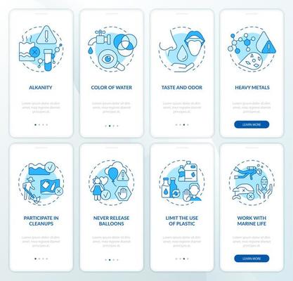 Improve water quality blue onboarding mobile app screen set. Measurement walkthrough 4 steps graphic instructions pages with linear concepts. UI, UX, GUI template.