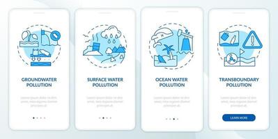Water pollution classification blue onboarding mobile app screen. Walkthrough 4 steps graphic instructions pages with linear concepts. UI, UX, GUI template. vector