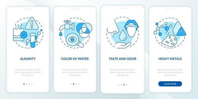 Water quality testing blue onboarding mobile app screen. Heavy metals walkthrough 4 steps graphic instructions pages with linear concepts. UI, UX, GUI template.