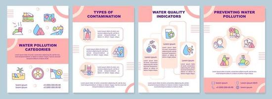 Water pollution categories pink brochure template. Contamination types. Leaflet design with linear icons. 4 vector layouts for presentation, annual reports.