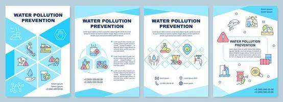 Water pollution prevention blue brochure template. Quality control. Leaflet design with linear icons. 4 vector layouts for presentation, annual reports.
