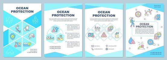 Ocean protection turquoise brochure template. Marine species safety. Leaflet design with linear icons. 4 vector layouts for presentation, annual reports.