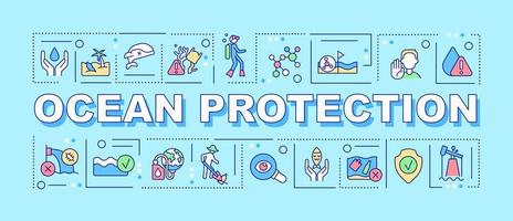 Ocean protection word concepts turquoise banner. Protecting biodiversity. Infographics with icons on color background. Isolated typography. Vector illustration with text.