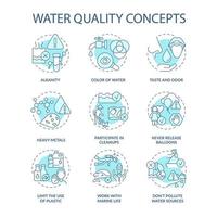 Water quality turquoise concept icons set. Protecting water idea thin line color illustrations. Work with marine life. Isolated symbols. Editable stroke.