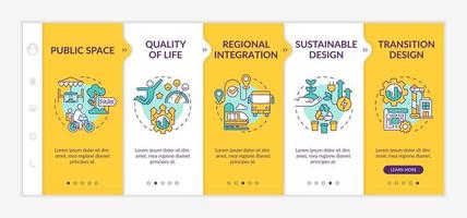Principles of urban design yellow onboarding template. Life quality improving. Responsive mobile website with linear concept icons. Web page walkthrough 5 step screens. vector