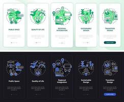 principios de diseño de la ciudad pantalla de aplicación móvil de incorporación de modo día y noche. tutorial 5 pasos páginas de instrucciones gráficas con conceptos lineales. interfaz de usuario, ux, plantilla de interfaz gráfica de usuario. vector