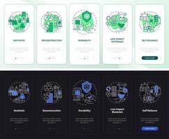 pantalla de aplicación móvil de incorporación de modo día y noche de diseño de ciudad sostenible. tutorial 5 pasos páginas de instrucciones gráficas con conceptos lineales. interfaz de usuario, ux, plantilla de interfaz gráfica de usuario. vector