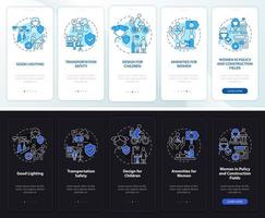 City for women and kids night and day mode onboarding mobile app screen. Walkthrough 5 steps graphic instructions pages with linear concepts. UI, UX, GUI template. vector