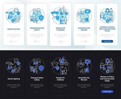 ciudad para mujeres y niños en modo día y noche incorporando la pantalla de la aplicación móvil. tutorial 5 pasos páginas de instrucciones gráficas con conceptos lineales. interfaz de usuario, ux, plantilla de interfaz gráfica de usuario. vector