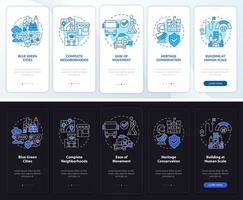 Urban design principles night and day mode onboarding mobile app screen. Walkthrough 5 steps graphic instructions pages with linear concepts. UI, UX, GUI template. vector