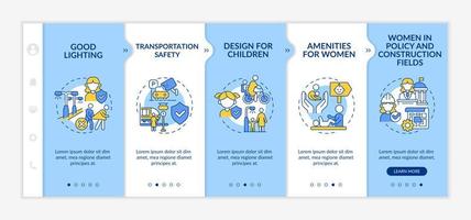 Comfortable city design for women and kids blue and white onboarding template. Responsive mobile website with linear concept icons. Web page walkthrough 5 step screens. vector