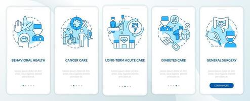 Types of medical services blue onboarding mobile app screen. Patient care walkthrough 5 steps graphic instructions pages with linear concepts. UI, UX, GUI template. vector