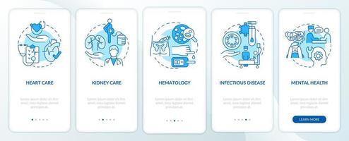 proporcionar servicios médicos pantalla de aplicación móvil de incorporación azul. tutorial de medicina 5 pasos páginas de instrucciones gráficas con conceptos lineales. interfaz de usuario, ux, plantilla de interfaz gráfica de usuario. vector