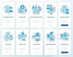 conjunto de pantalla de aplicación móvil de incorporación de servicios de centro médico azul. tutorial de atención médica páginas de instrucciones gráficas de 5 pasos con conceptos lineales. interfaz de usuario, ux, plantilla de interfaz gráfica de usuario. vector