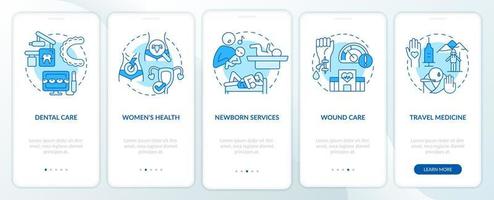 Healthcare services blue onboarding mobile app screen. Patient care walkthrough 5 steps graphic instructions pages with linear concepts. UI, UX, GUI template. vector