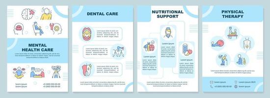 Medical services blue brochure template. Patients care. Leaflet design with linear icons. 4 vector layouts for presentation, annual reports.