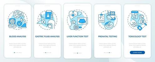 Diagnostic services blue onboarding mobile app screen. Healthcare provide walkthrough 5 steps graphic instructions pages with linear concepts. UI, UX, GUI template. vector
